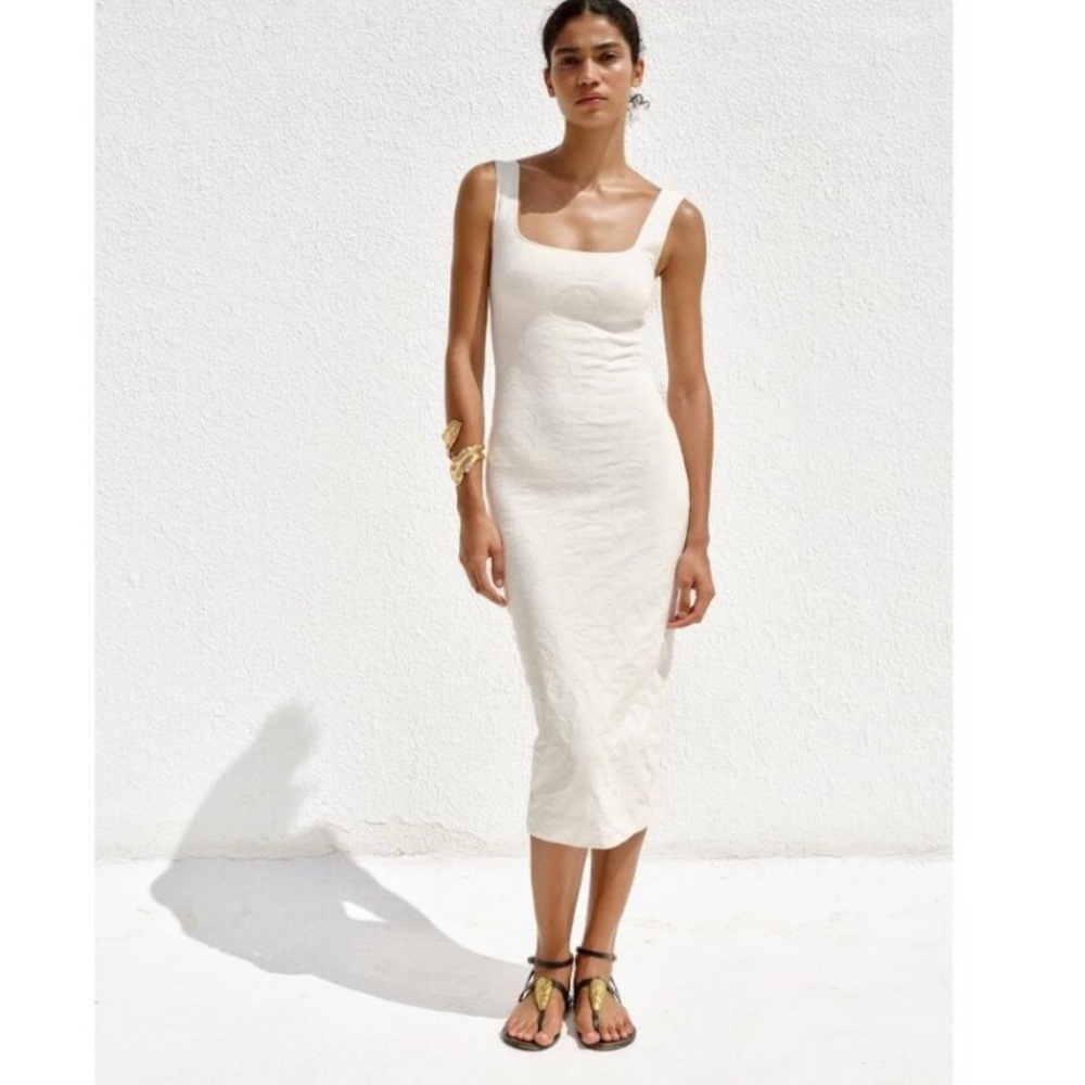 NWT Zara Stretch Square Neck Textured Midi Dress M - Picture 2 of 16